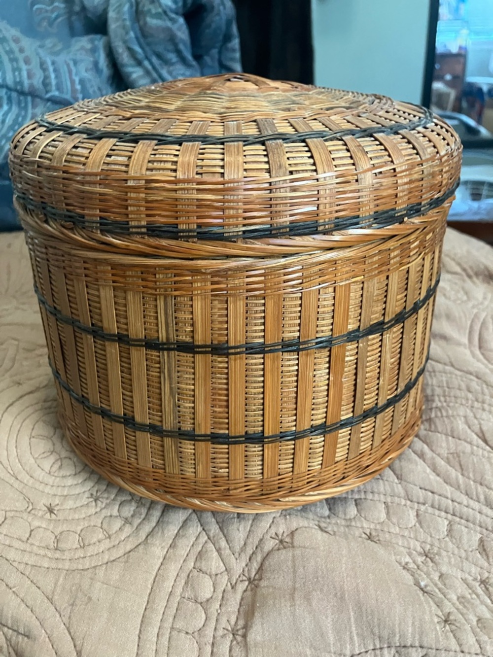 Woven Rattan Storage Basket with Lid - Natural Brown